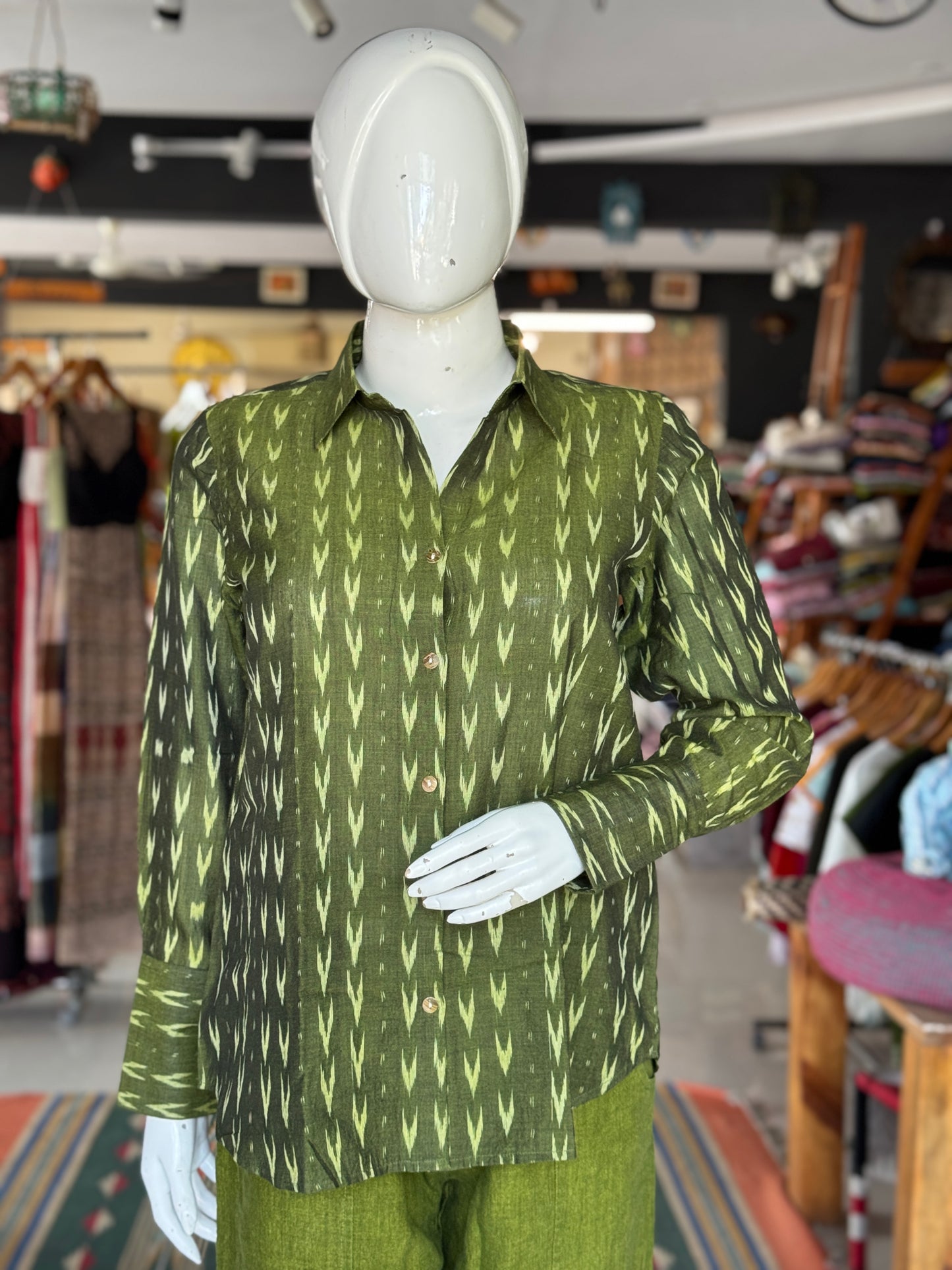 Green cotton hand woven Ikat shirt - click to see designs