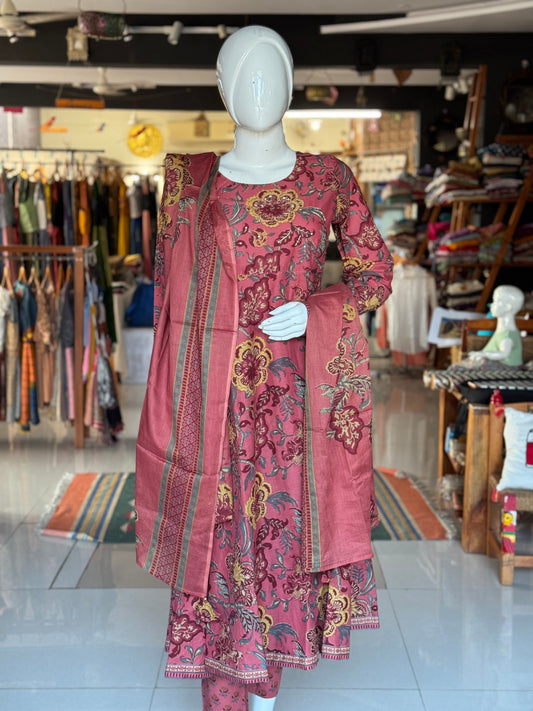 Coral rust tone floral print cotton flared umbrella style Kurti, pants and dupatta set
