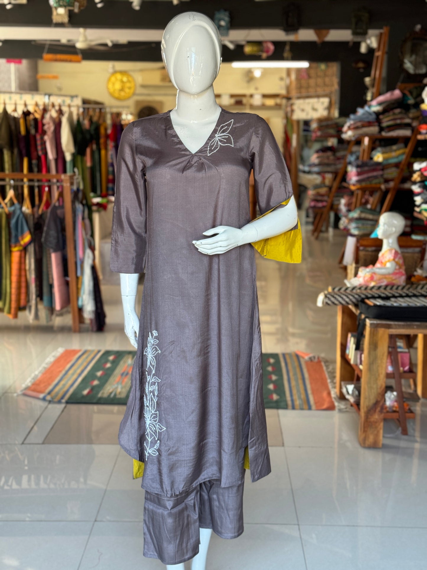 Purplish grey Co-ord set in hand embroidered muslin -  kurti, pants set