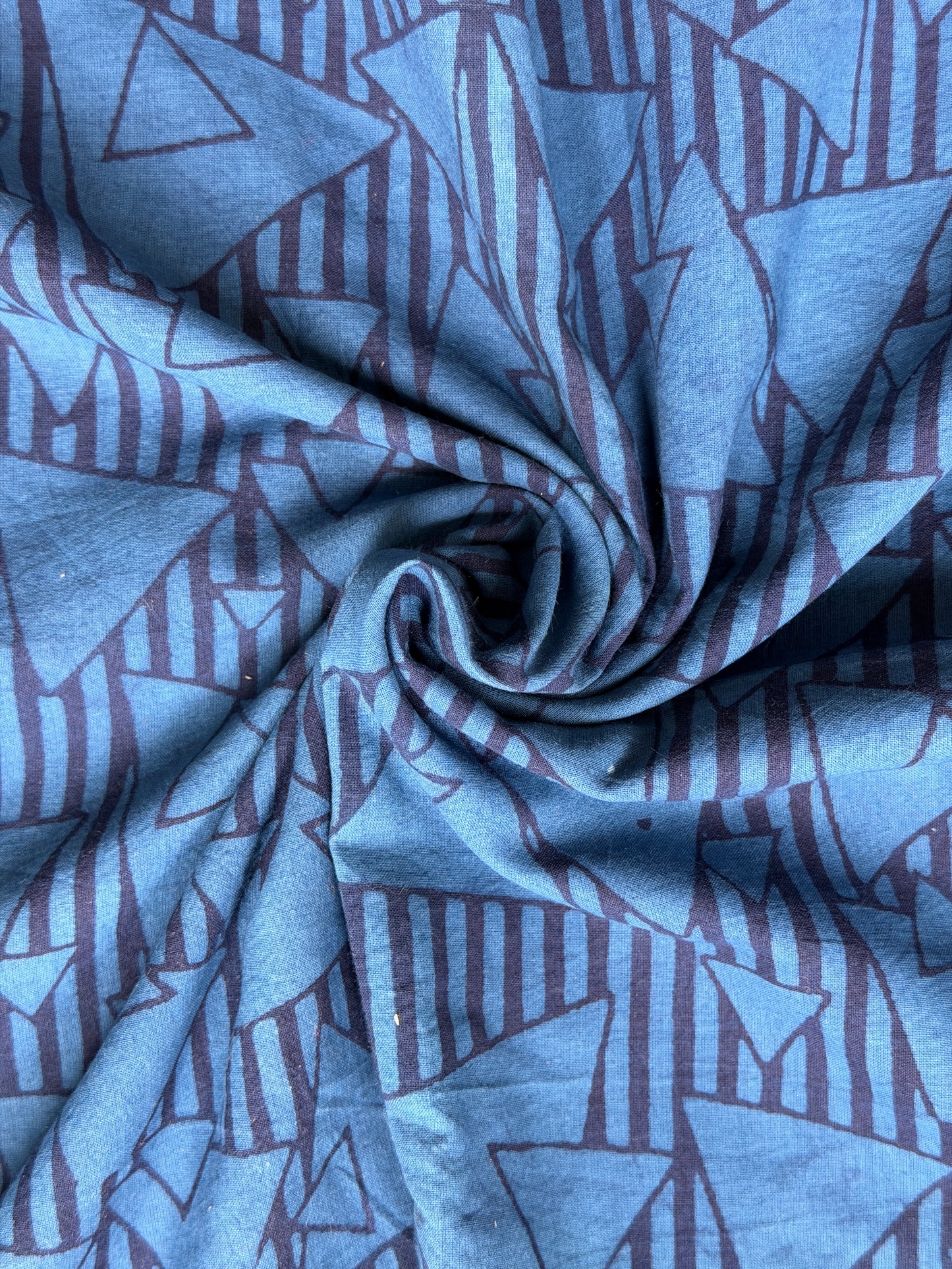 Blue triangles and stripes hand block pointed cotton fabric