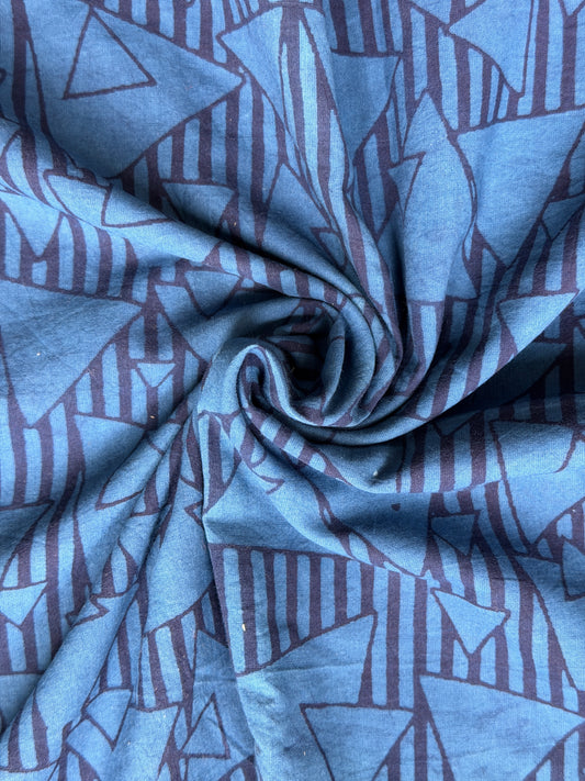 Blue triangles and stripes hand block pointed cotton fabric