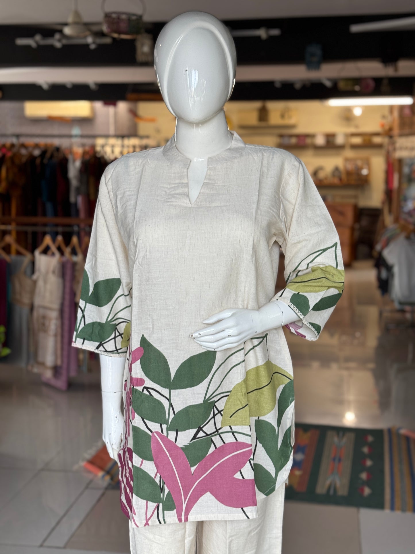Off white v-neck cotton top with long sleeves and pants - coord set - click to see designs and sizes