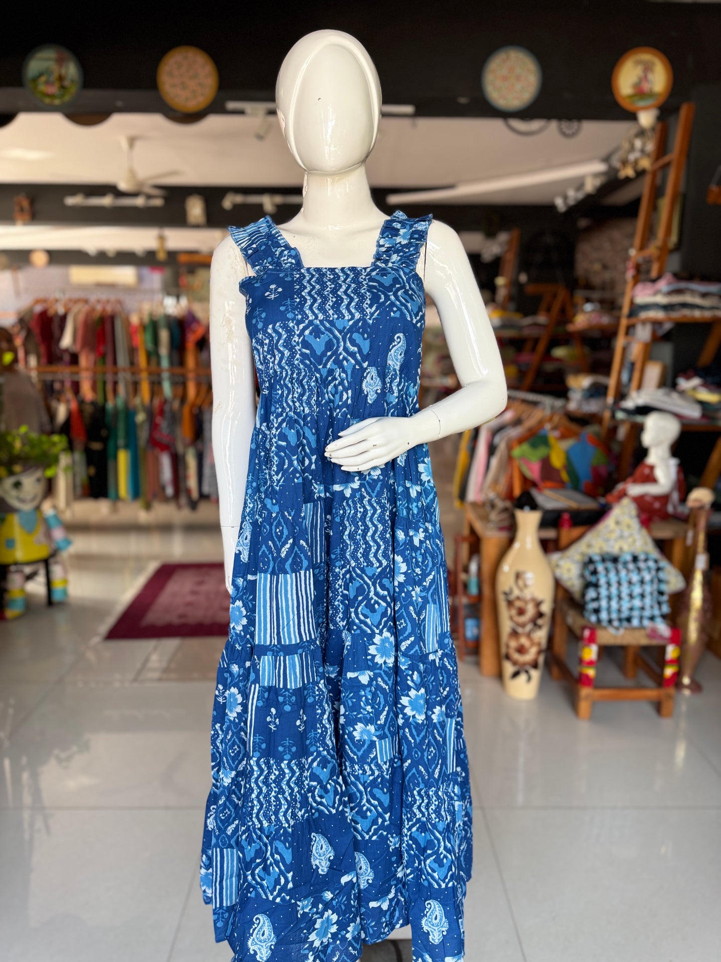 Blue patch work look hand block printed designer sleeveless tiered cotton dress with smocking back