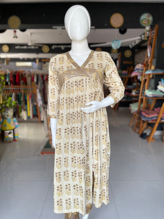 Beige brown hand block printed gota work kurti with pants set