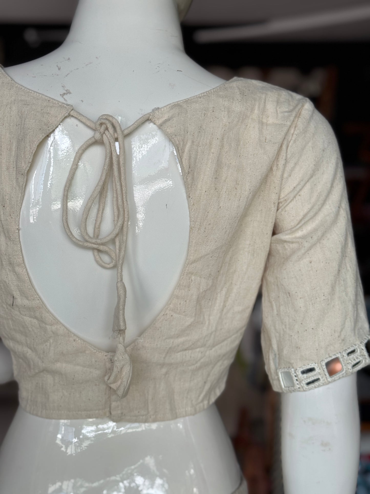 Off white Kala cotton handwoven ready to wear blouse with front half and sleeves mirrors embroidery