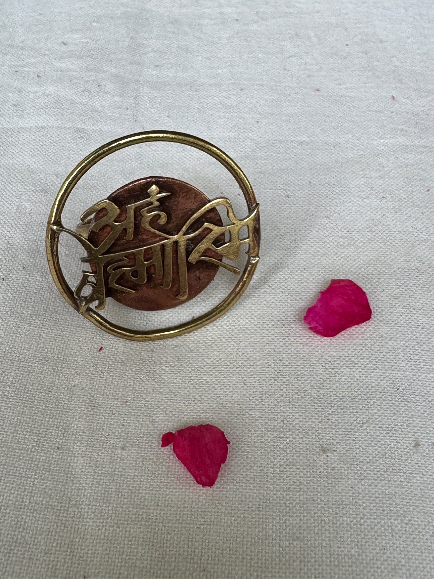 Hindi script quirky finger ring in brass and copper - click to see text options