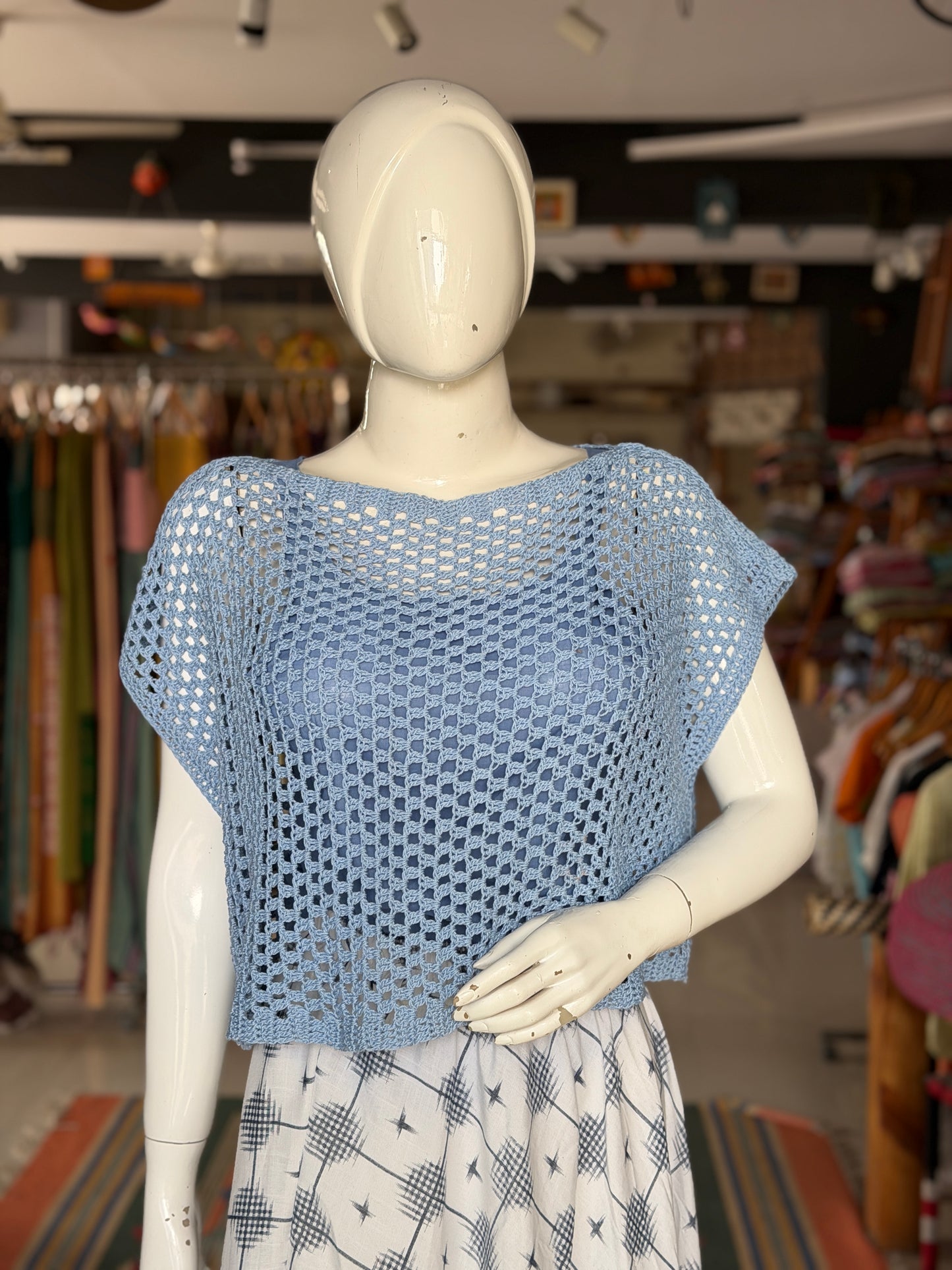 Blue hand crocheted cotton top - free size
