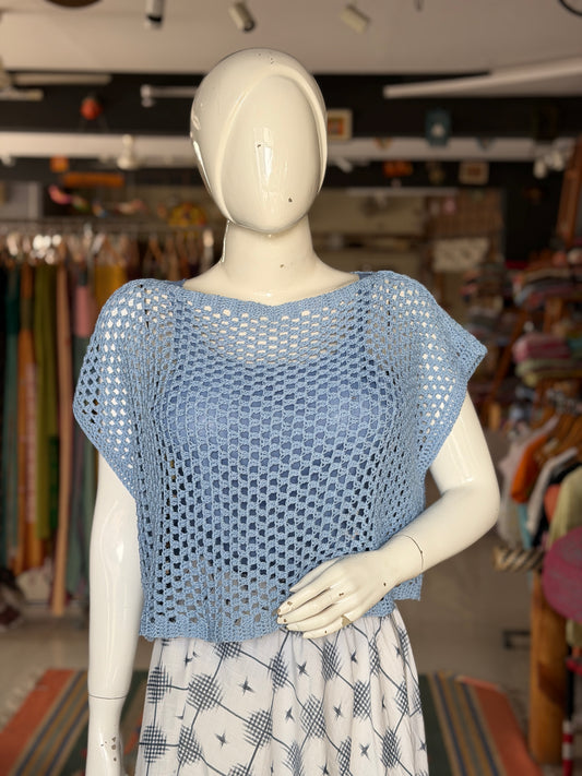 Blue hand crocheted cotton top - free size