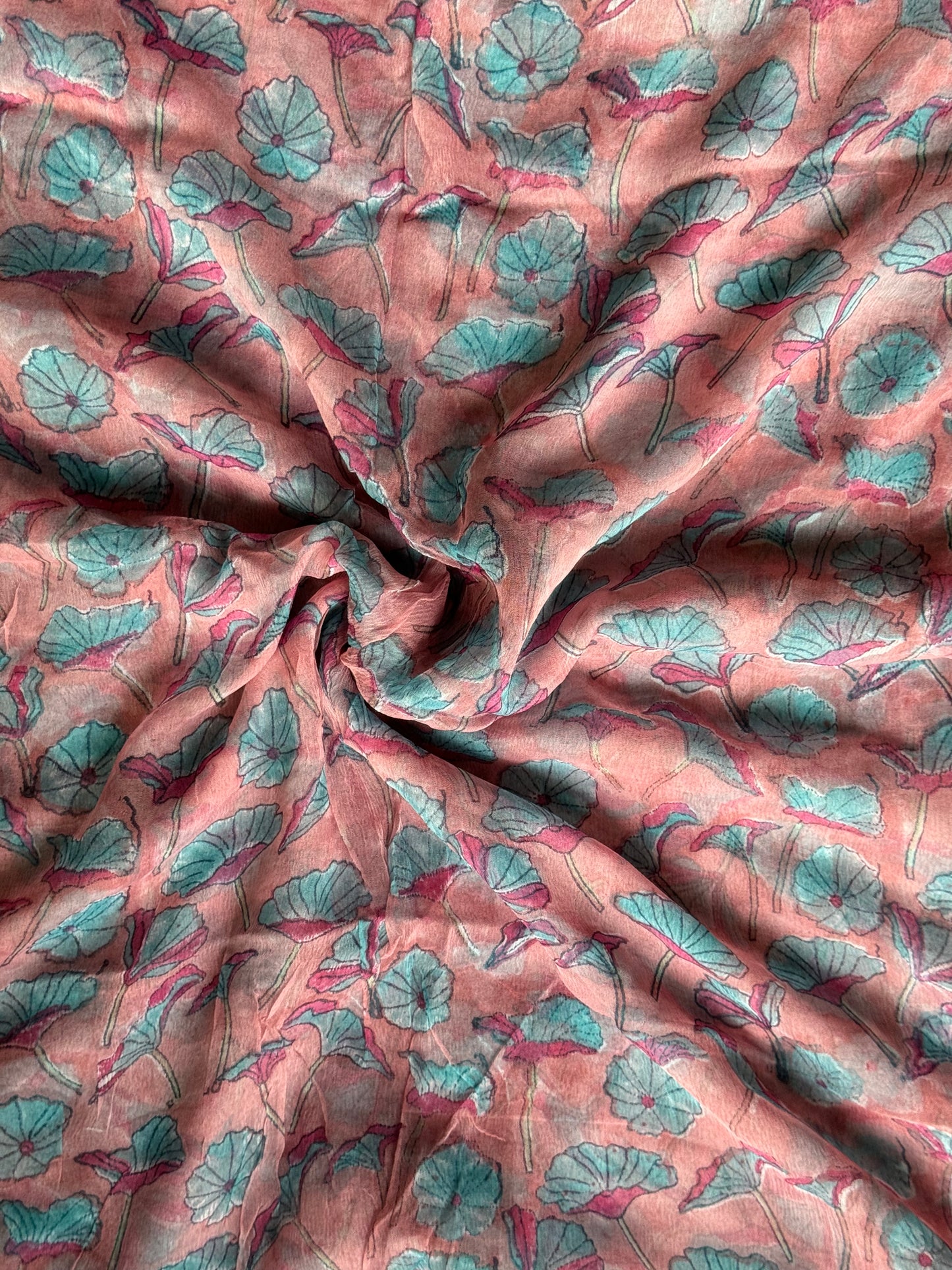 Light pink floral hand block printed light and soft chiffon fabric