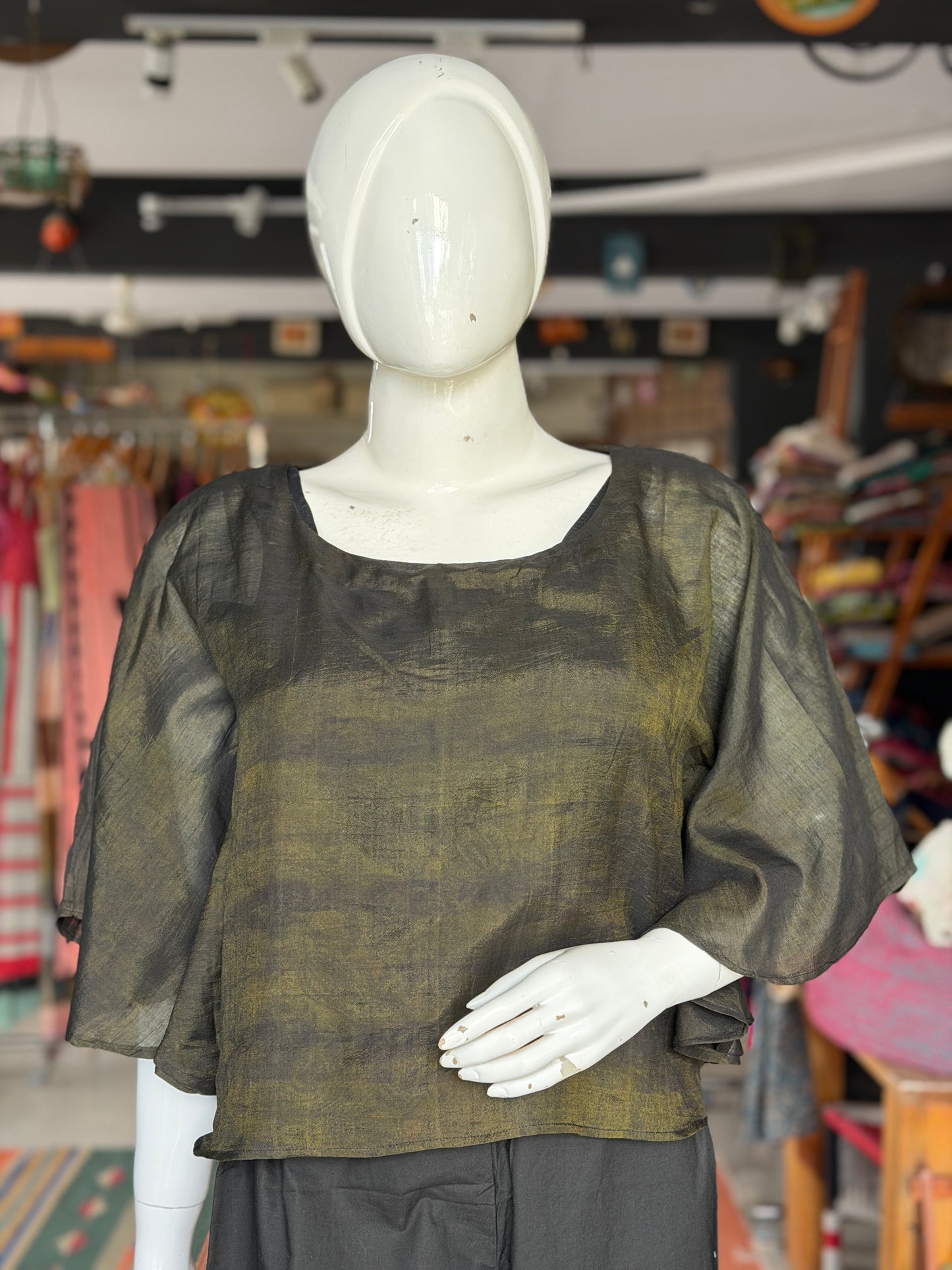 Mehendi green handwoven silk cotton kaftan style top