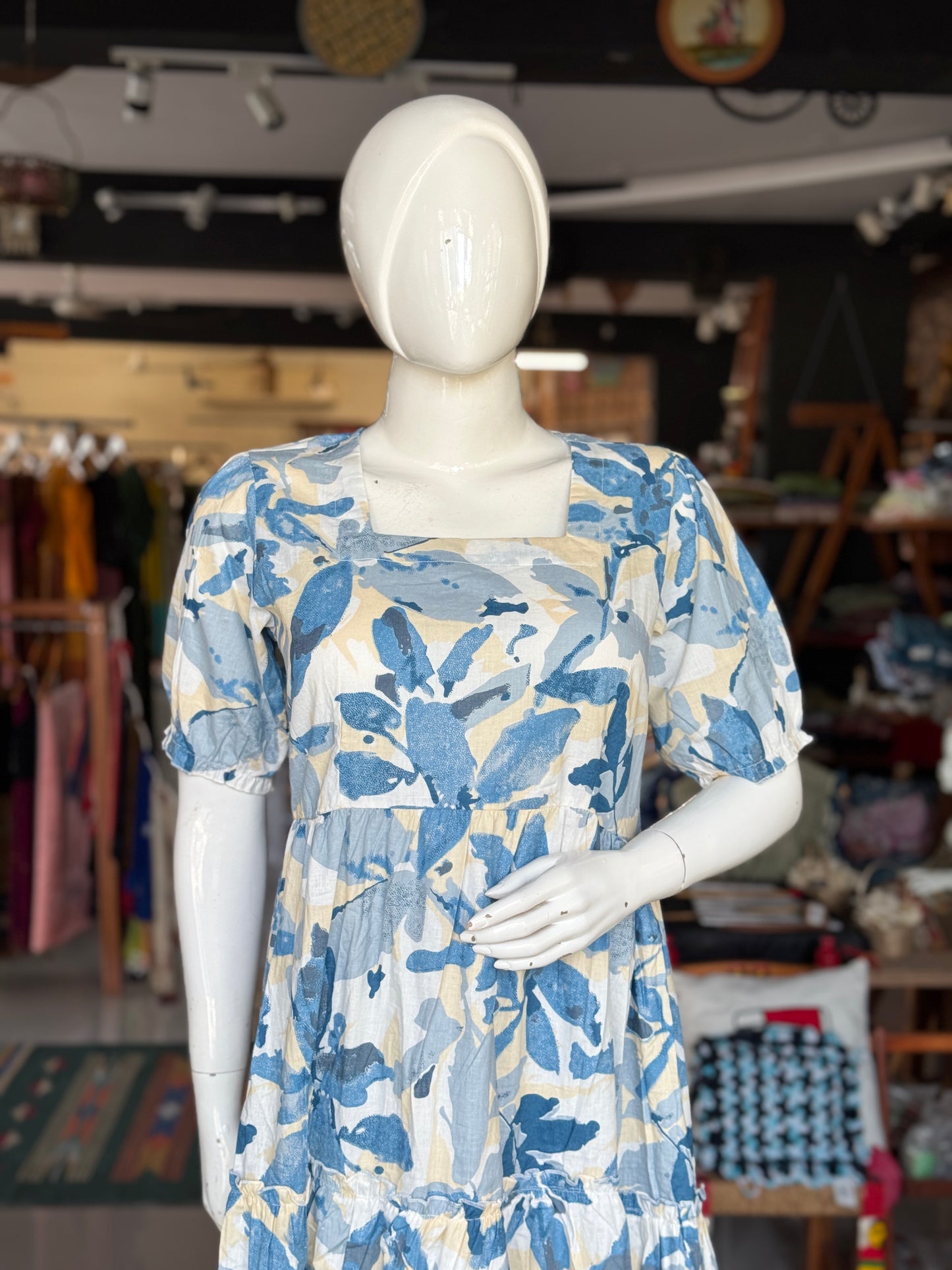 Printed tiered square neck cotton dress with elastic sleeves