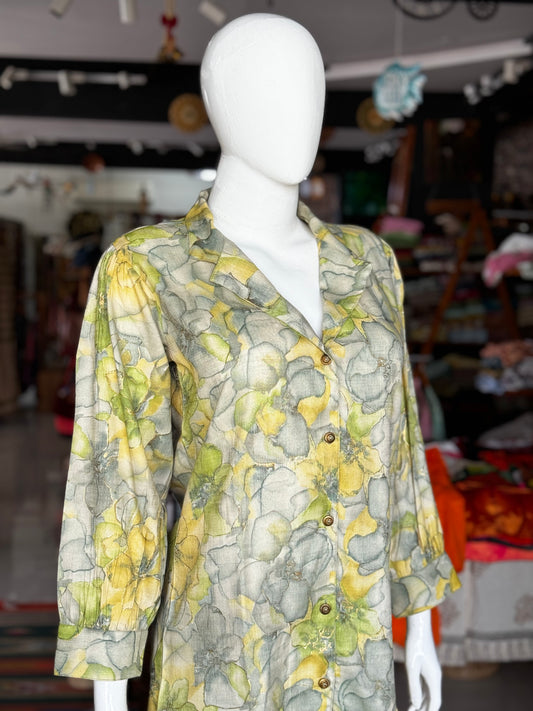 Light green floral print collared rayon cotton top with long sleeves and pants set