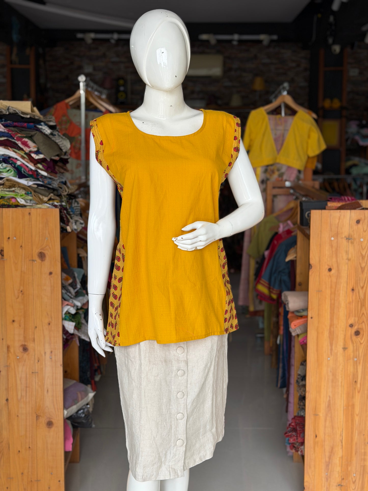 Handloom plain cotton center panel top with yellow fish hand block printed sides