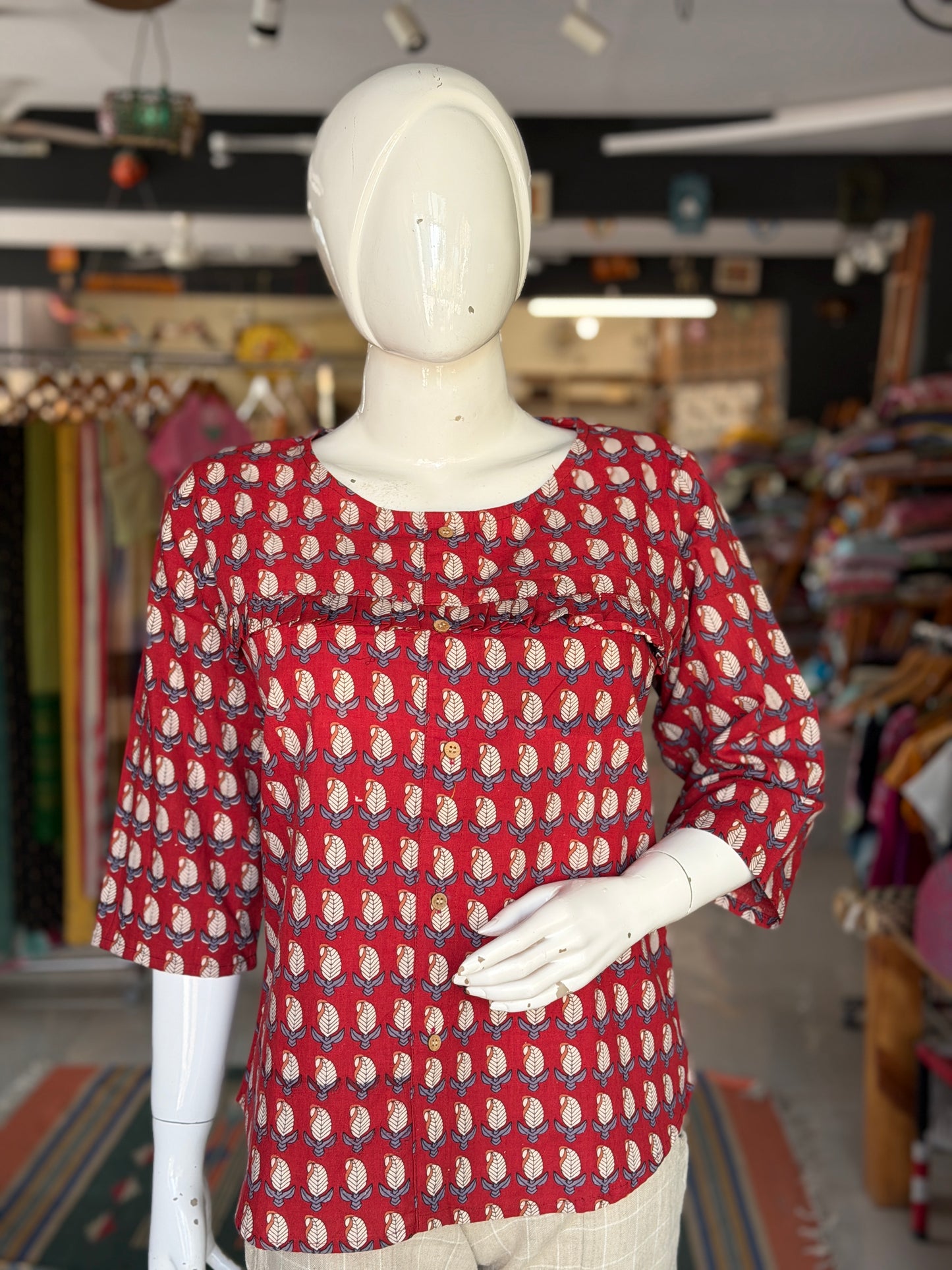 Paisley hand block print Maroon cotton top with front buttons and frills detailing