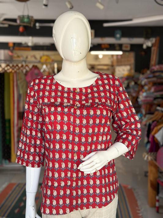 Paisley hand block print Maroon cotton top with front buttons and frills detailing