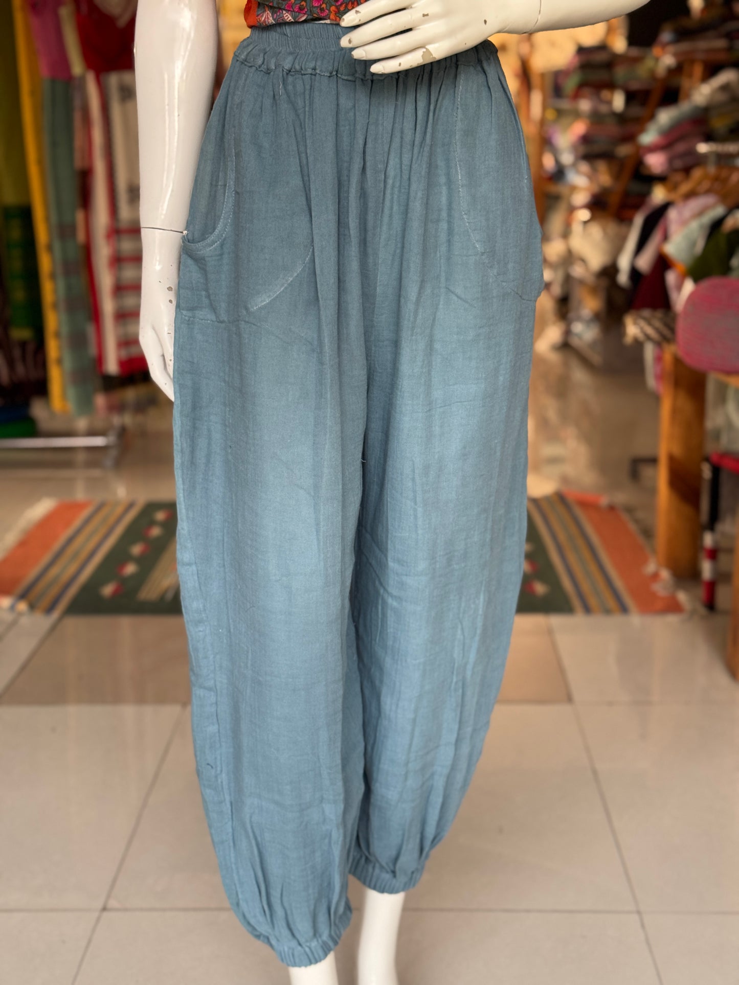 Teal blue soft double cotton harem pants for women with elastic hem