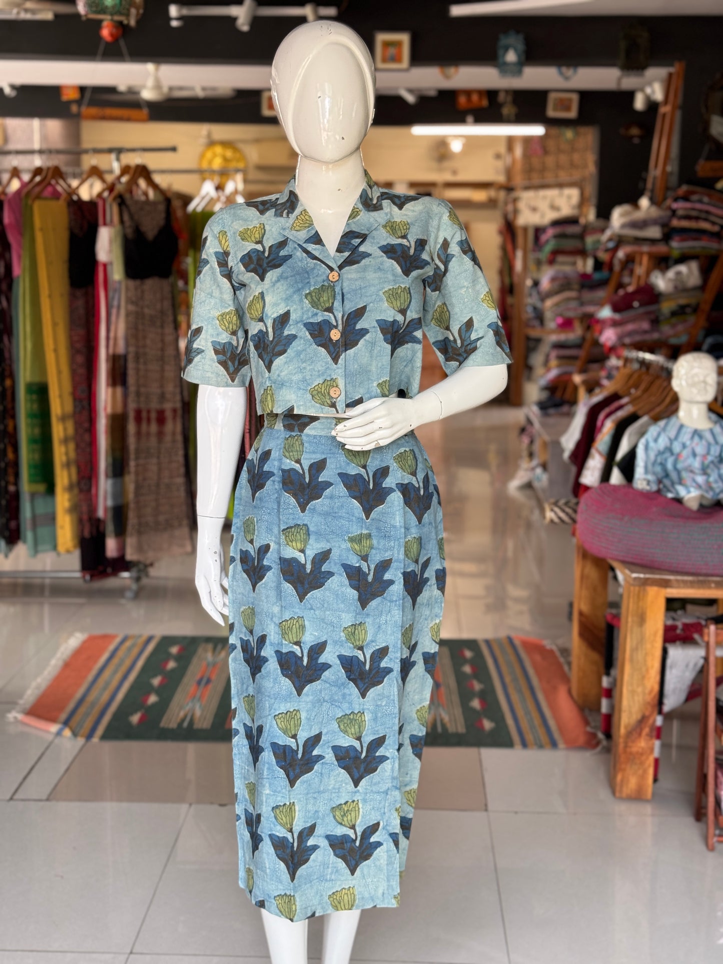 Coord set - cotton hand block printed collared crop top and skirt with front slit