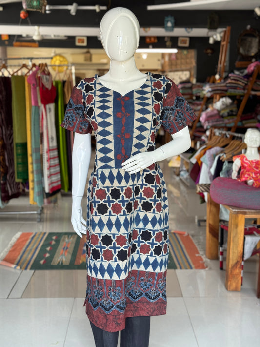 Indigo and maroon Ajrakh hand block printed cotton straight kurti