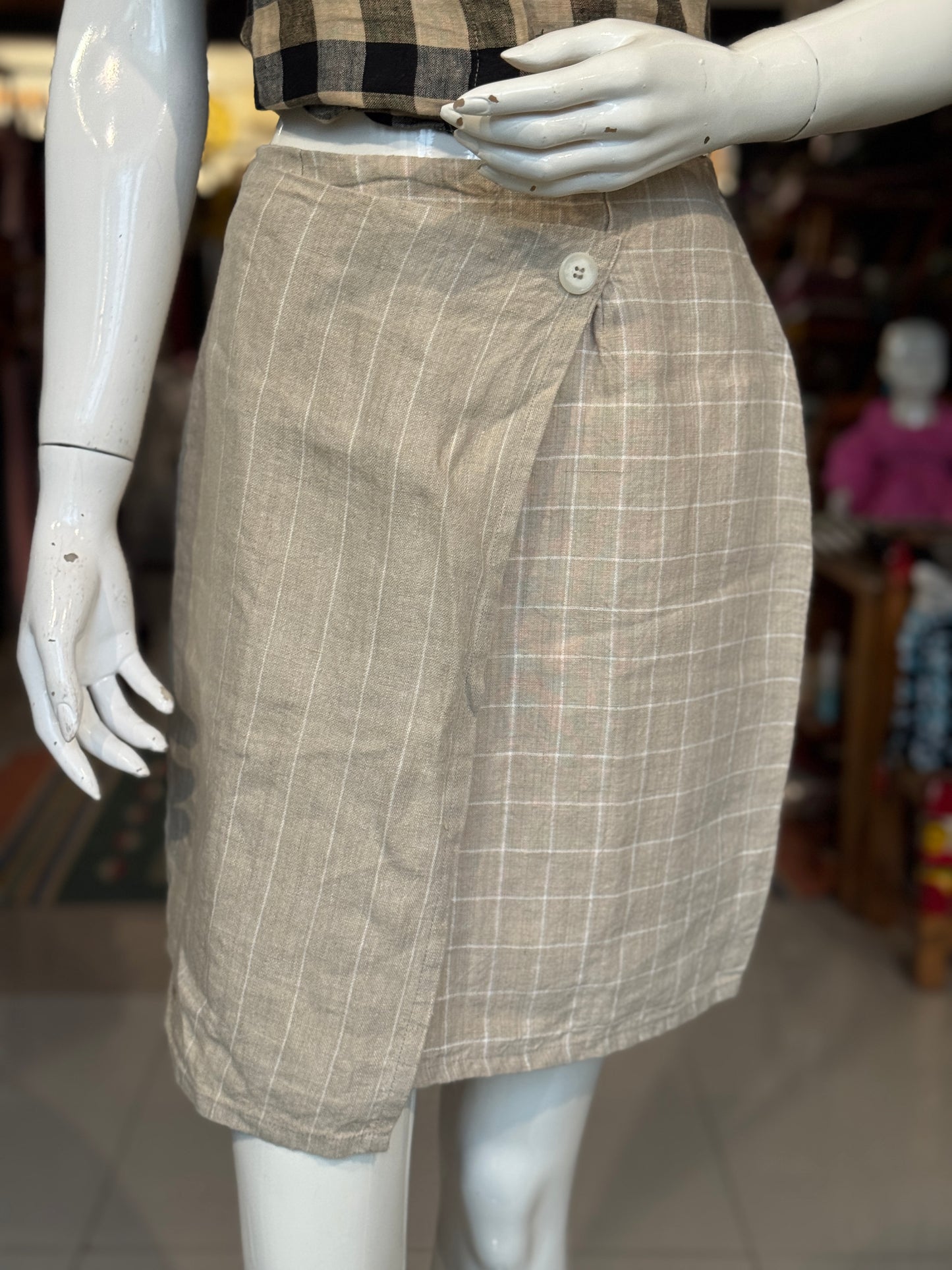 Beige checks n stripes flap skirt - Women’s formal skirt with back zipper