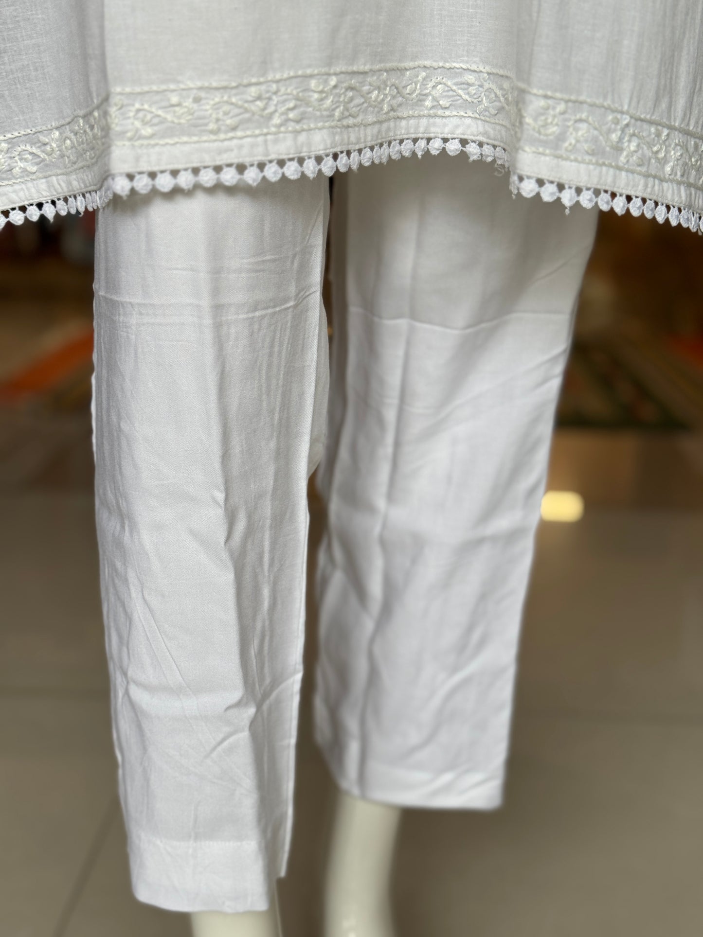 White chikankari hand embroidered cotton kurta n pants - 2 piece coord set