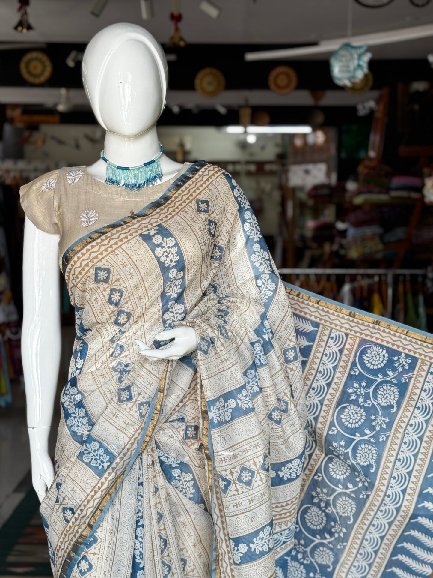 Off White and blue stripes hand block print Chanderi silk cotton saree