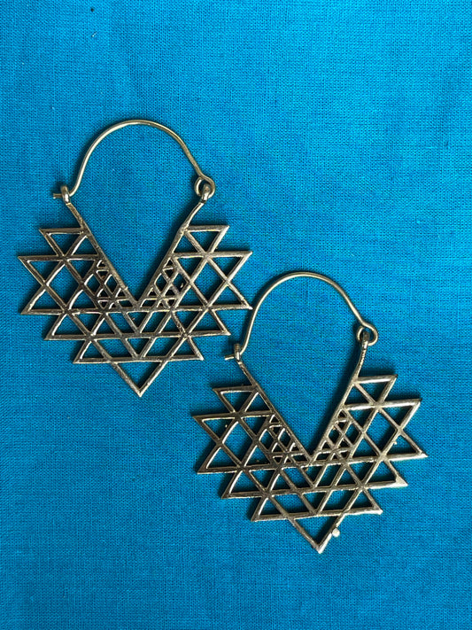 Intersecting pyramids - brass hoops earrings