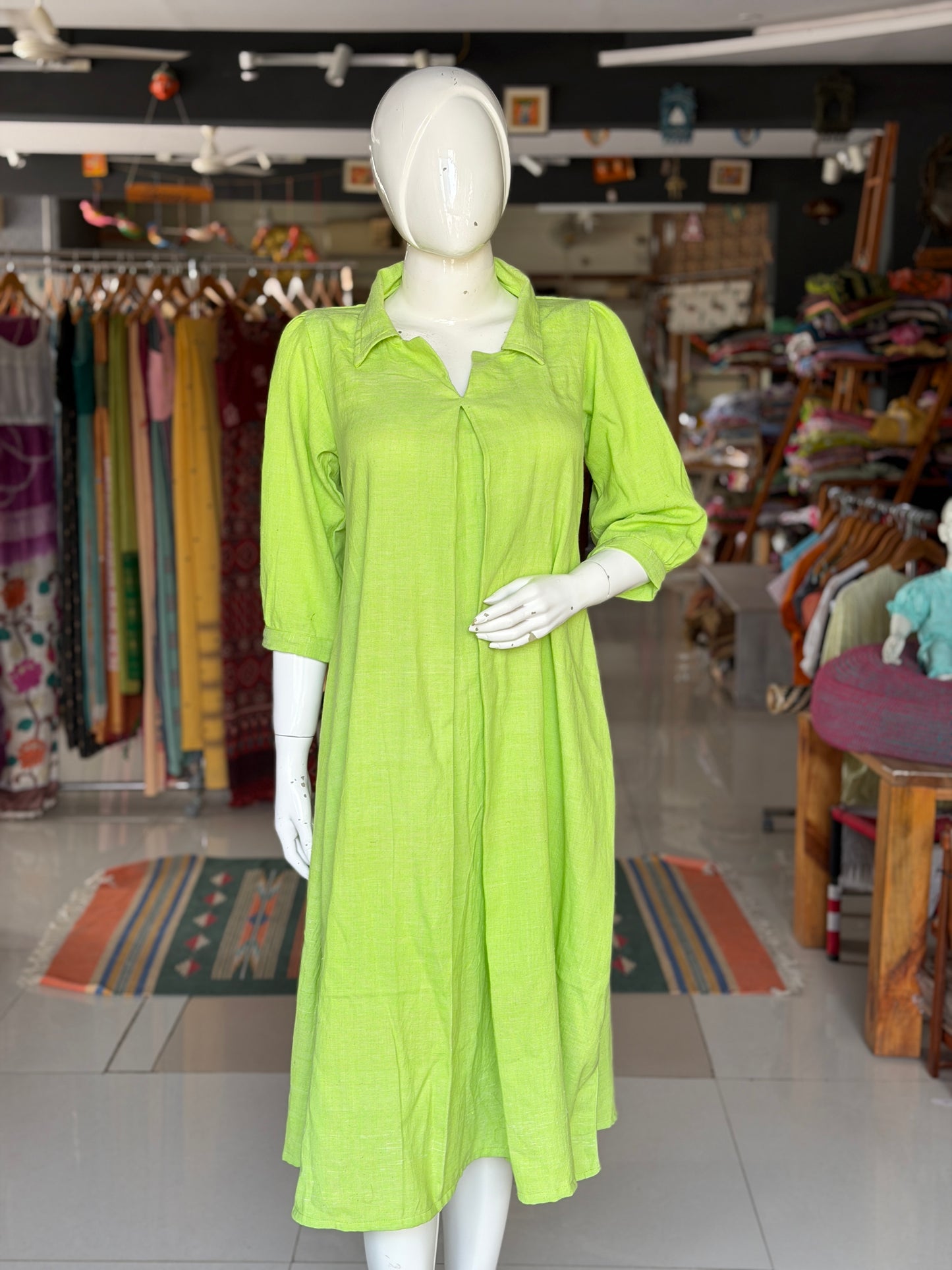 Lime green plain cotton hand spun, hand woven collared dress
