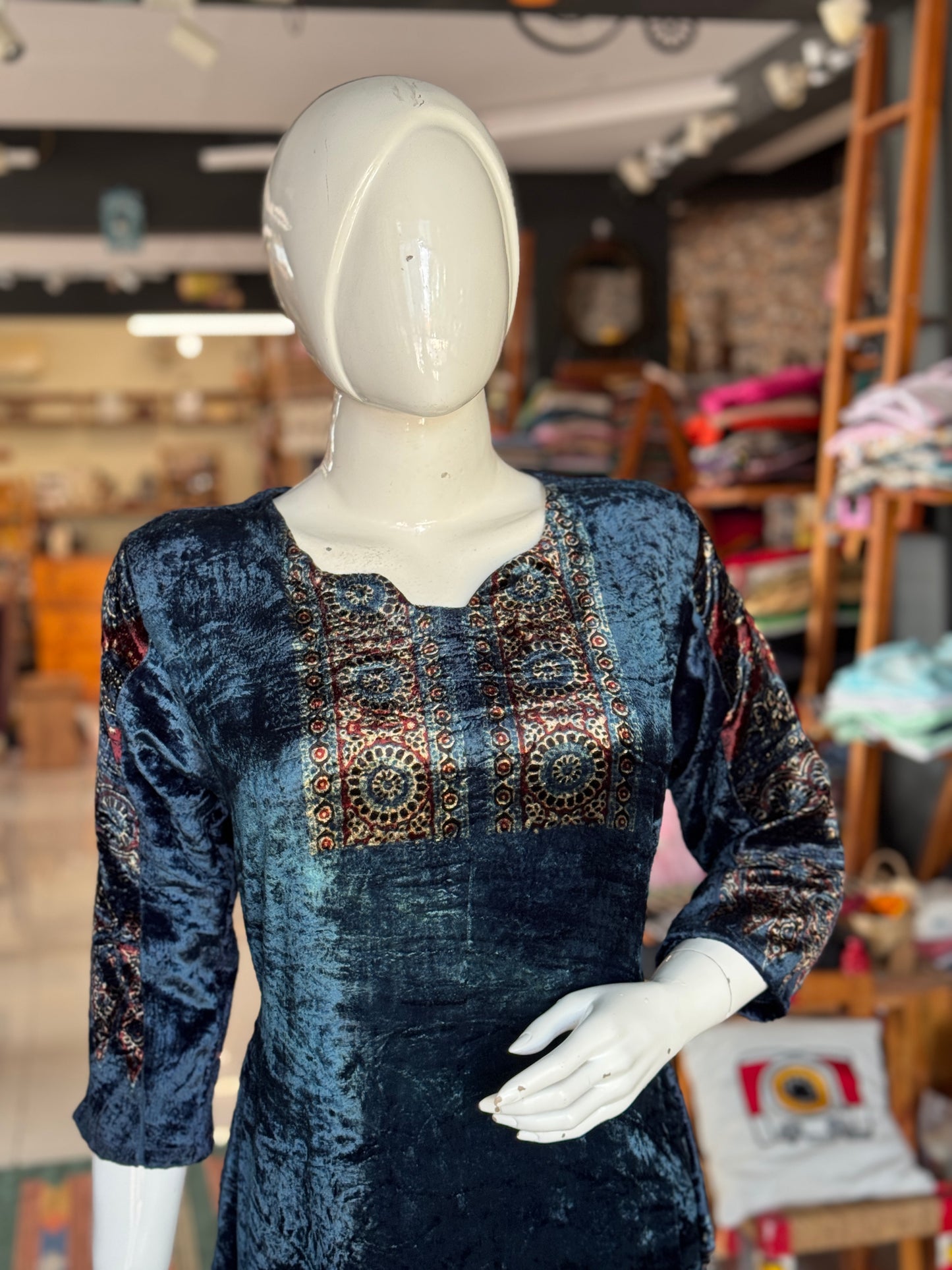 Blue velvet straight kurti with Ajrakh hand block prints - neck and hem detailing