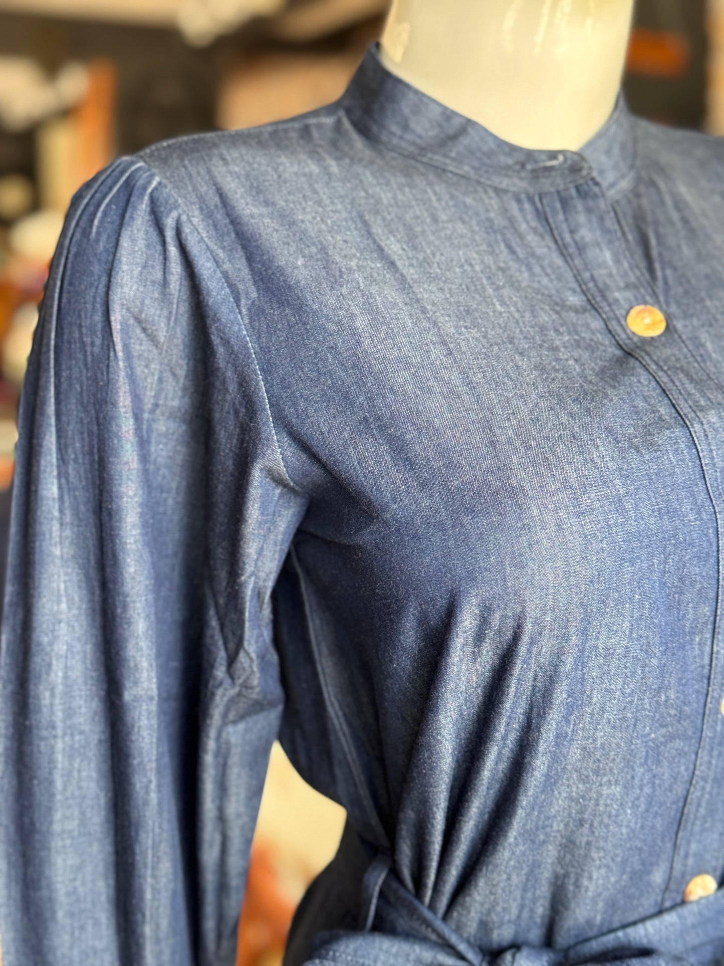 Blue denim shirt dress with belt