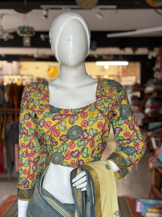 Yellow Pen kalamkari hand painted cotton blouse with long sleeves