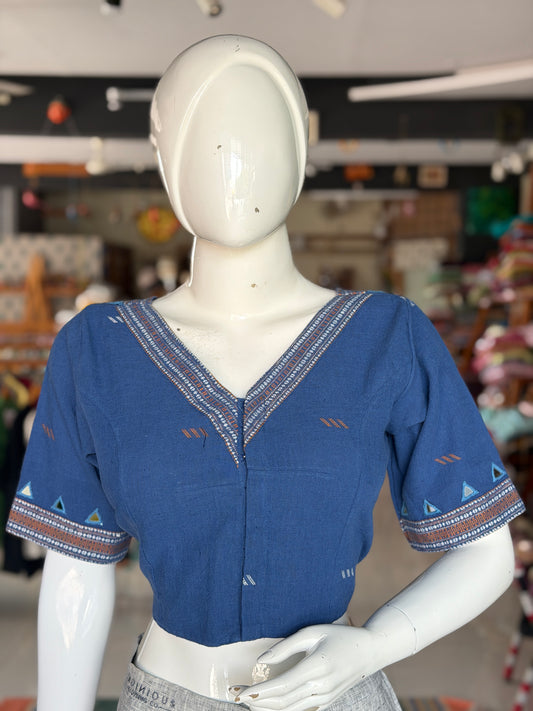 Indigo Bhujodi kala cotton handloom blouse with mirror work on sleeves and back