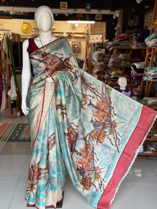 Birds in nest - hand painted pure tussar silk saree