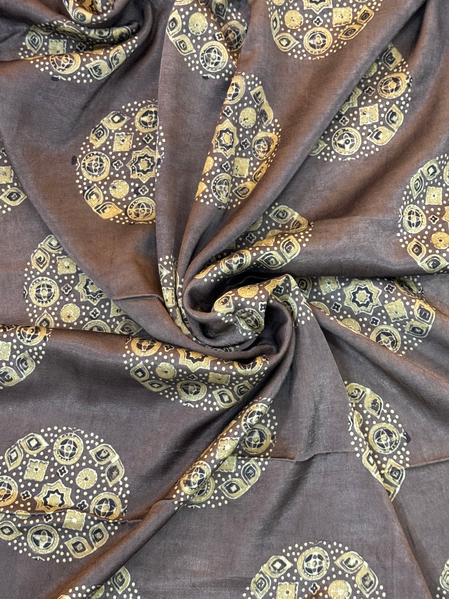 Greyish brown Mashru fabric with Ajrakh hand block print