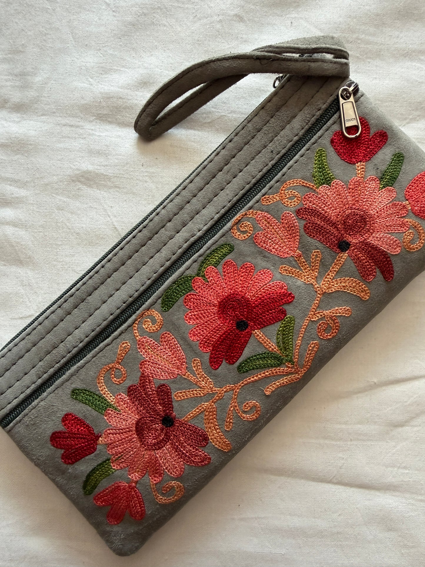 Wristlet pouch with Kashmiri floral Aari embroidery - 3 zippers - color options available