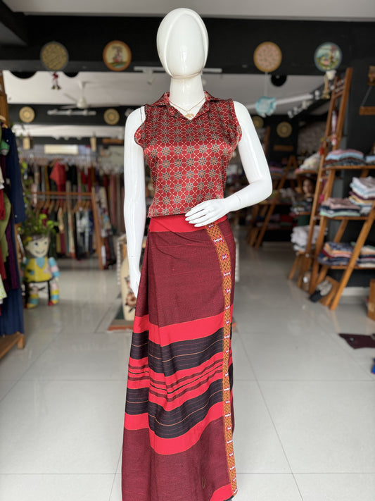 Red hand woven Arunachal Pradesh soft and thick cotton wrap around skirt - free size