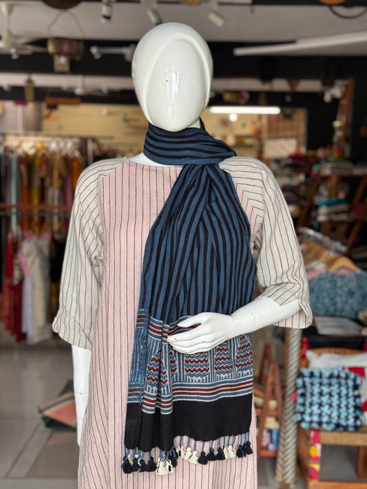 Ajrakh hand block printed stole on natural dyed, hand woven kala cotton
