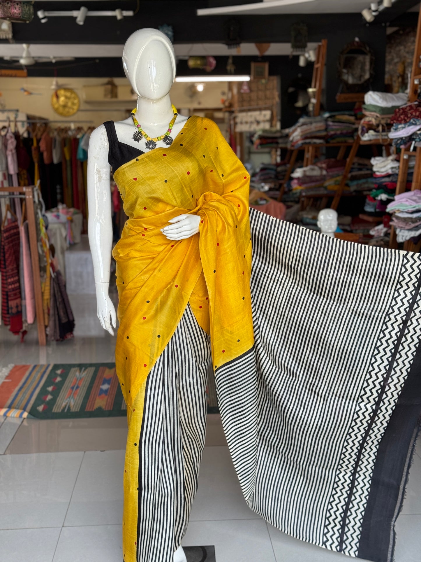 Yellow dots, black n white stripes hand crafted pure tussar silk saree - patli Pallu style