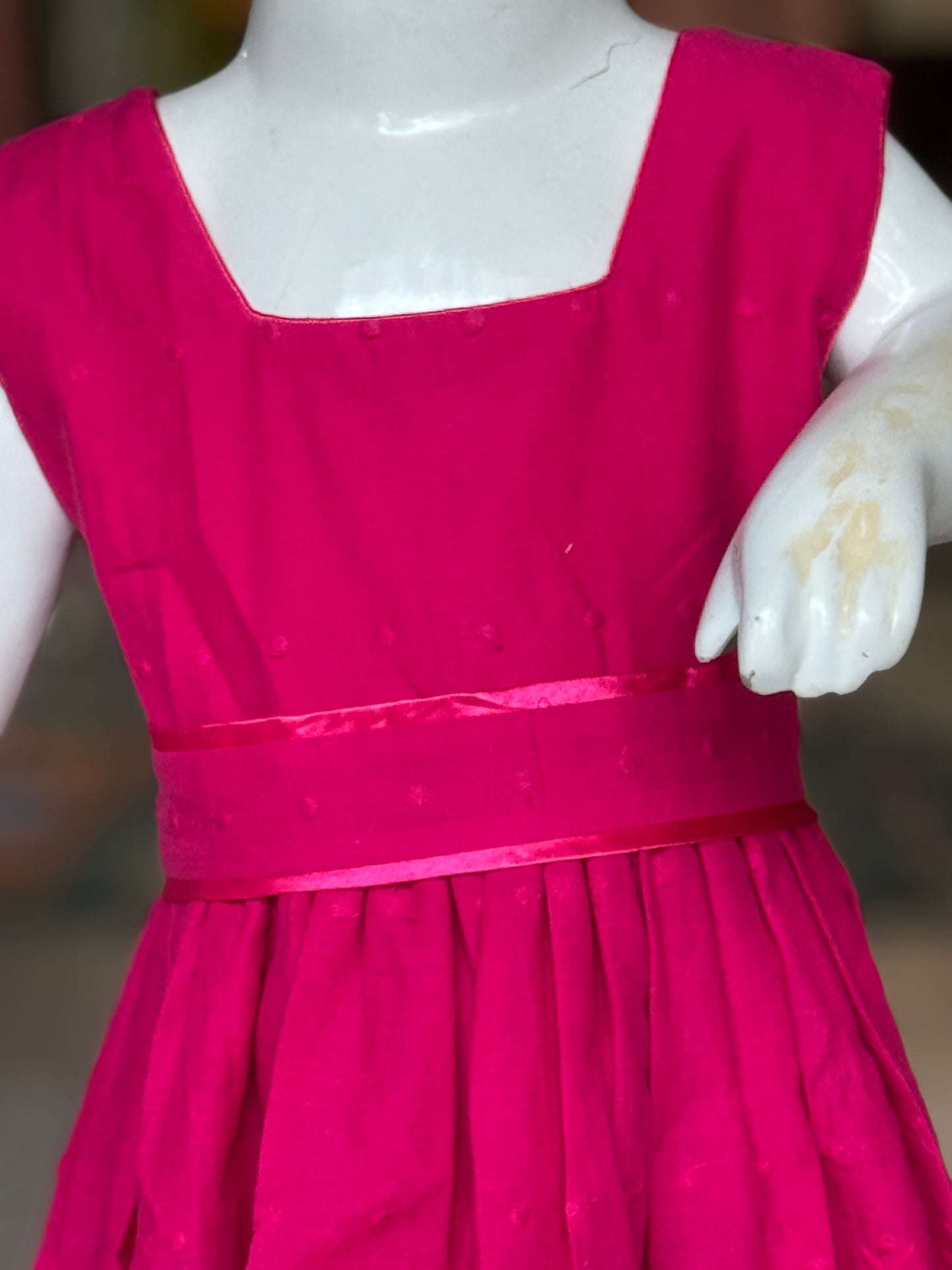 Dark pink schiffli Hakoba cotton sleeveless frock