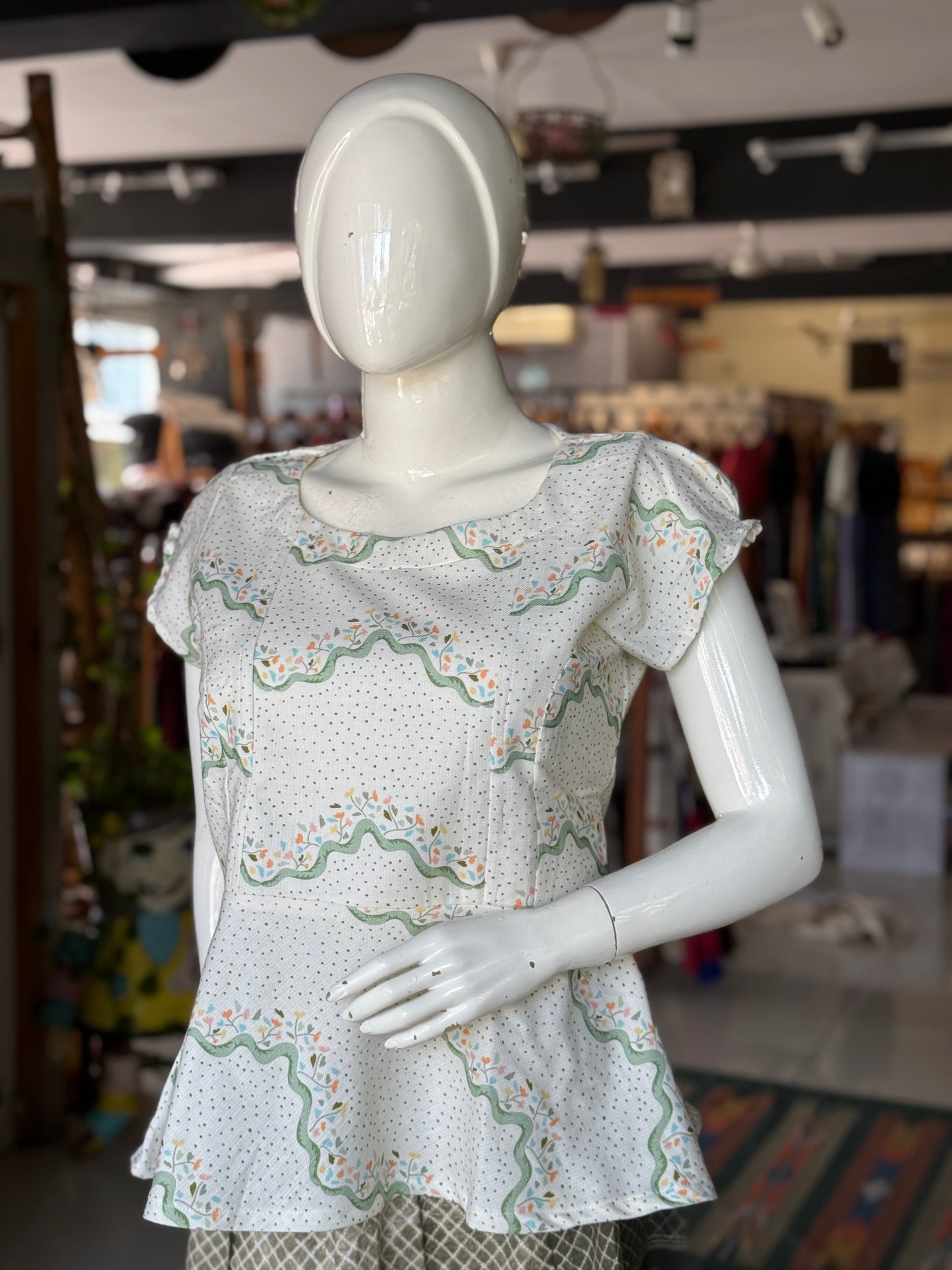 Dots n flowers handwoven digital printed cotton peplumtop