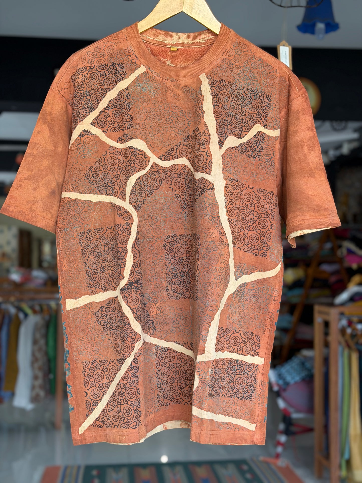 Rust orange Ajrakh hand block printed, natural dyed, unisex cotton t-shirt