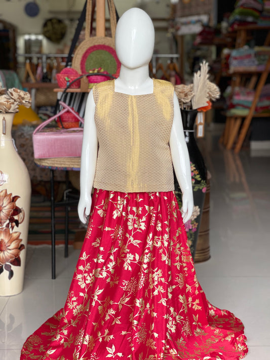 Red chinon gold print lehenga with gold brocade top