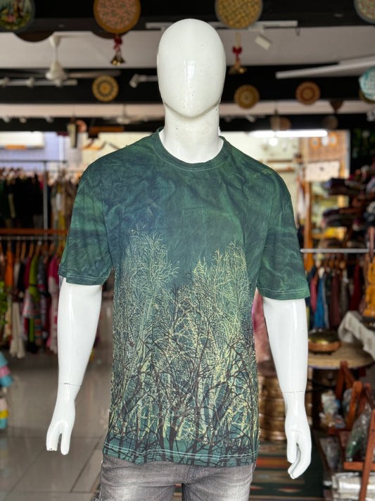 Green trees print - hand block printed natural dyed mens cotton t-shirt