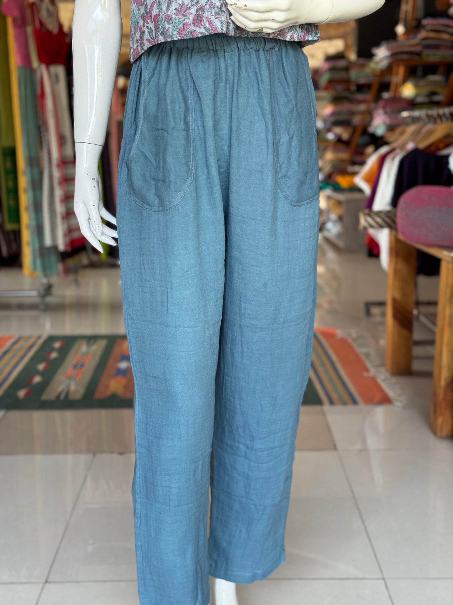 Teal blue soft double cotton pants for women - relaxed fit