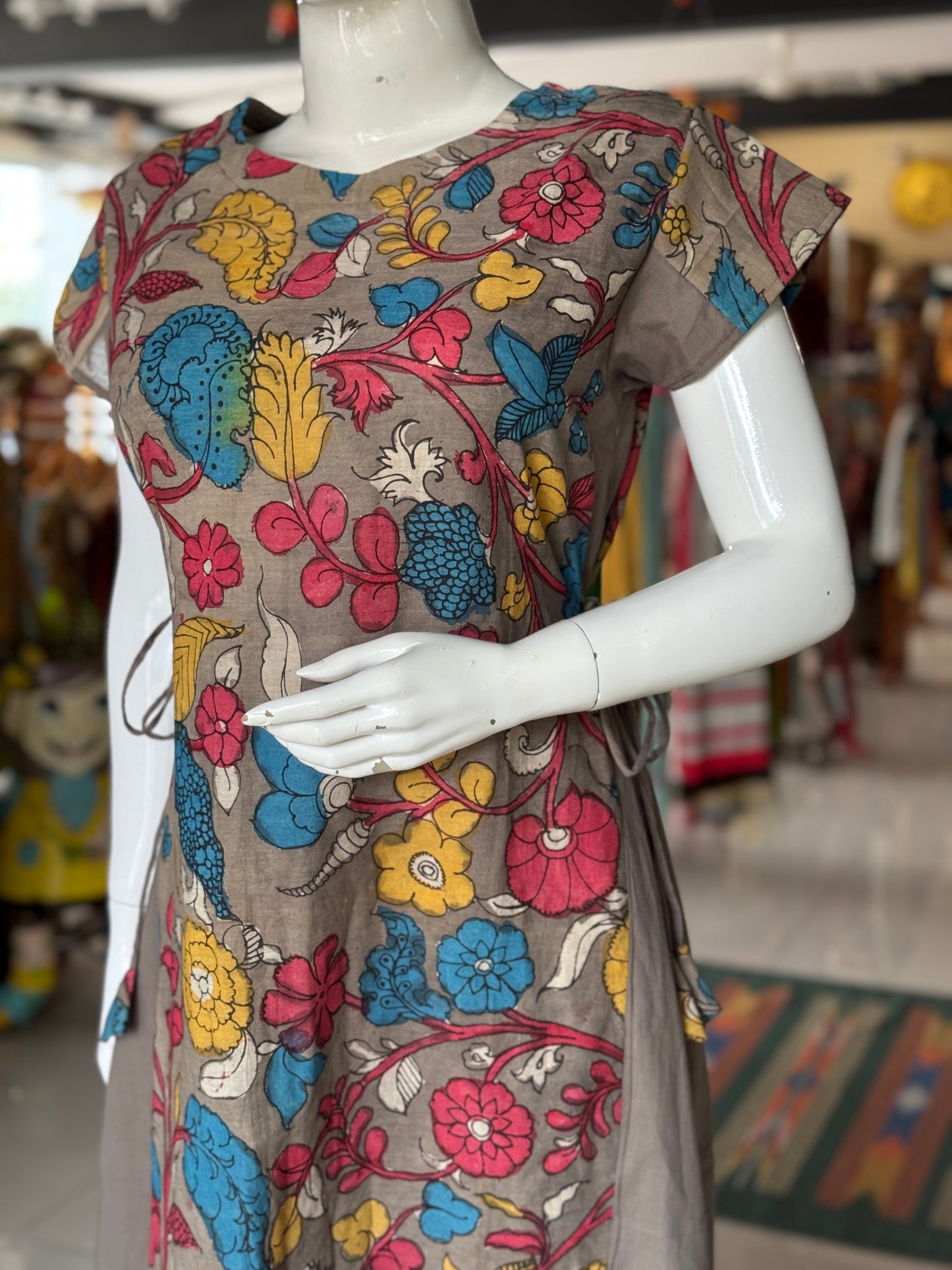Brown floral pen Kalamkari hand painted cotton dress / kurti with plain side panels and side ties