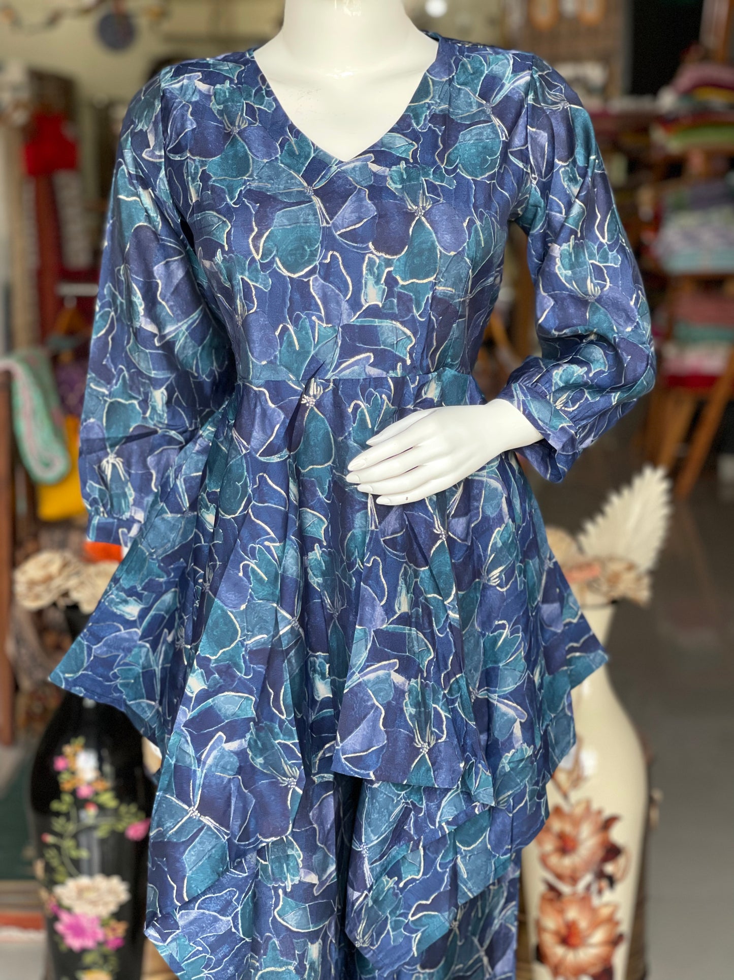Blue floral stylish coord set with asymmetric hem top and loose pants