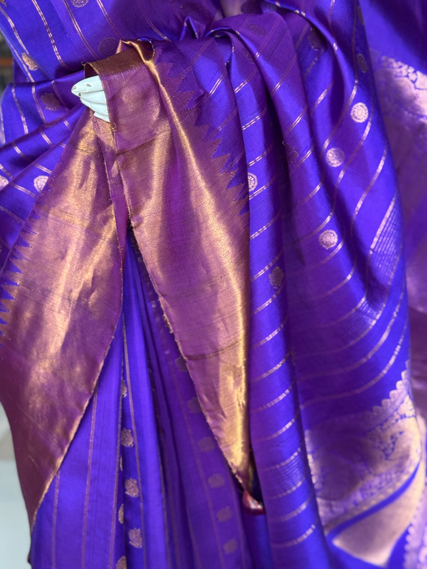 Violet stripes n butis pure silk handwoven Gadwal saree with kuttu temple border, rich palla