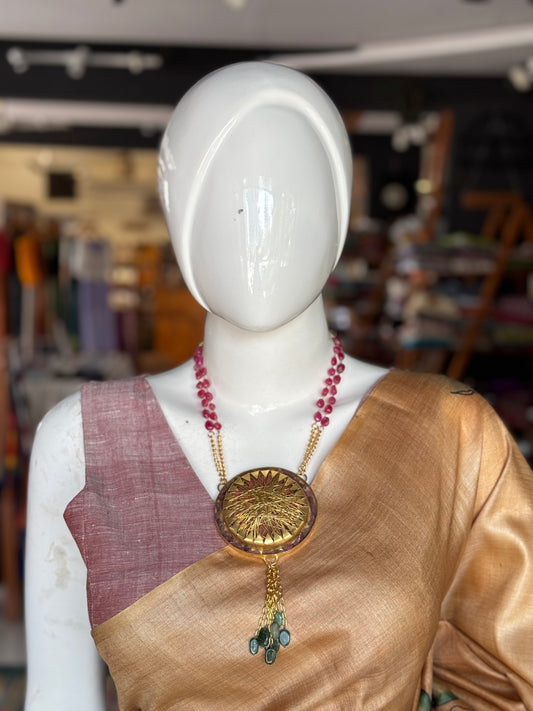 Jumbo brass wired pendant with pink and green natural stones neckpiece