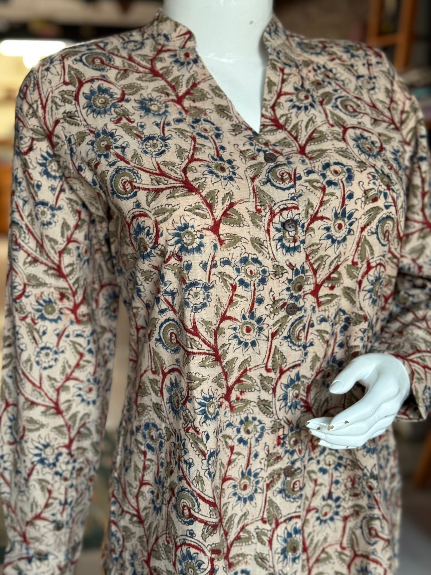 Off white Kalamkari floral Chinese collared top with V-neckline - hand block printed, Hand spun, hand woven cotton