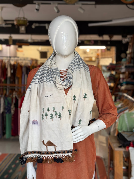 Off white Bhujodi extra weft camel and hut motifs cotton handloom stole
