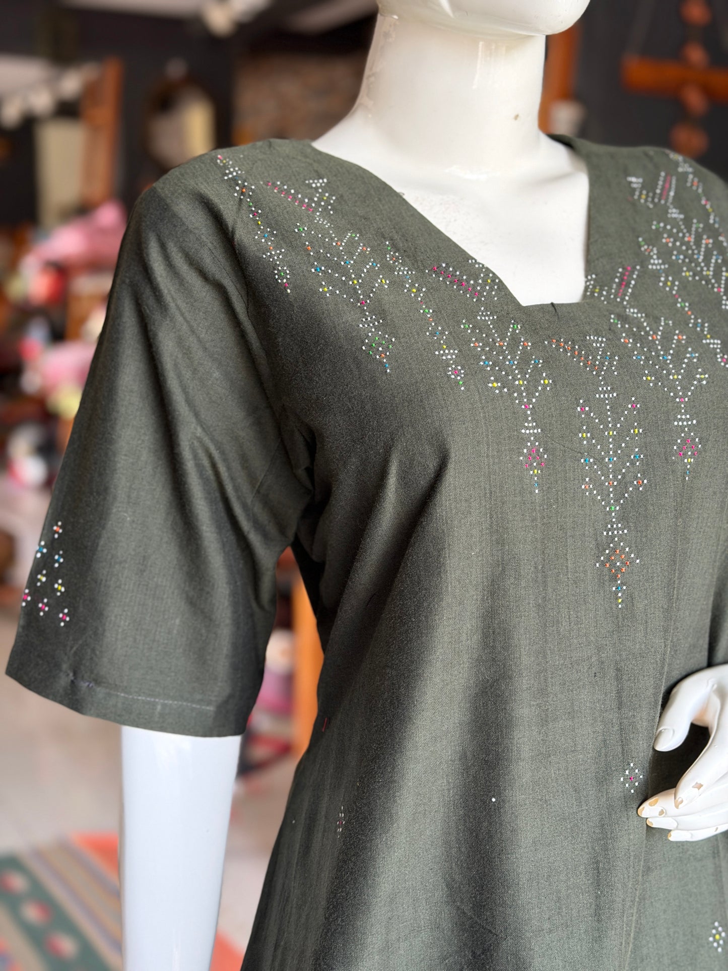 Dark green Tangaliya birds design handwoven cotton a-line kurti / dress